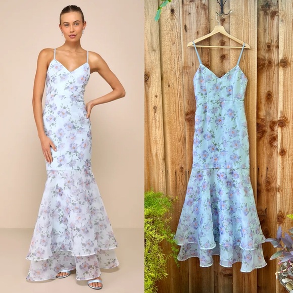 🌿 Periwinkle Light Blue Floral Organza Trumpet Ruffle Maxi Dress 🌿 - Picture 1 of 12